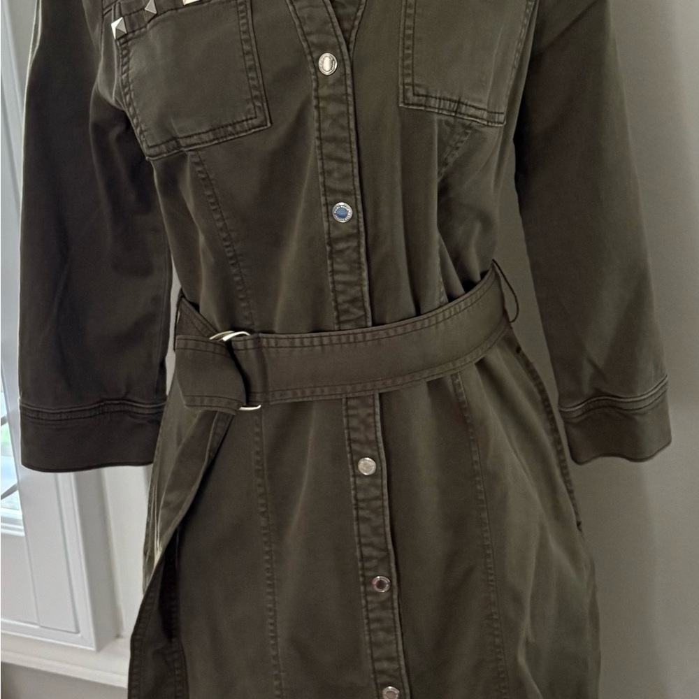 White House Black Market 3/4 sleeve utility studded dress forest green size 2